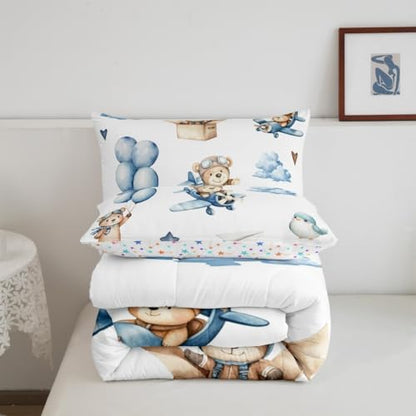 Erosebridal Cartoon Aircraft King Size Bedding Set, Cute Bear Airplane Propeller Plane Comforter Set for Kids Boys Girls Adults Bedroom, Lovely Bird Animals Comforter, Balloon Star Cloud Quilt