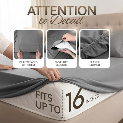 Pack of 4 Queen Sheets Set, 16" Deep Pocket Hotel Luxury Sheet, Dark Grey
