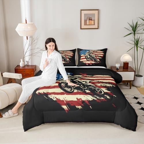 Feelyou Motocross Comforter Set Toddler American Flag Pattern Bedding Set for Kids Boys Girls Dirt Bike Design Duvet Quilt Motorbike Bedroom Decor Extreme Sports Microfiber 2 Pcs with 1 Pillow Cases
