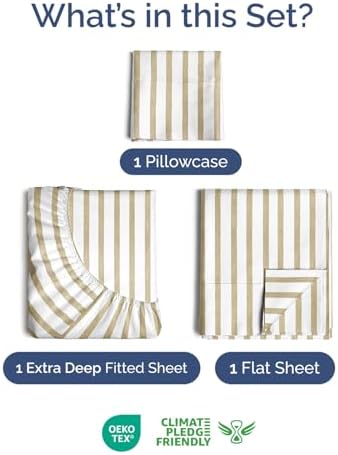 Extra Deep Twin Sheet Set - 3 Piece Breathable & Cooling - Beige Stripes