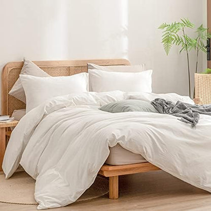 BESTOUCH Cotton Solid Duvet Cover Set Linen Feel Off White Full