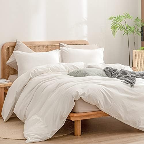 BESTOUCH Cotton Solid Duvet Cover Set Linen Feel Off White Super Queen