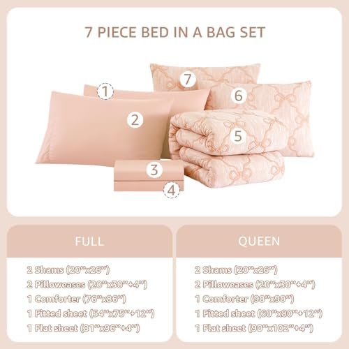 Queen Comforter Set with Sheets for Girls-7 Pieces Bow Bed in A Bag