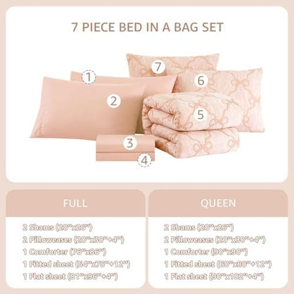 Queen Comforter Set with Sheets for Girls-7 Pieces Bow Bed in A Bag