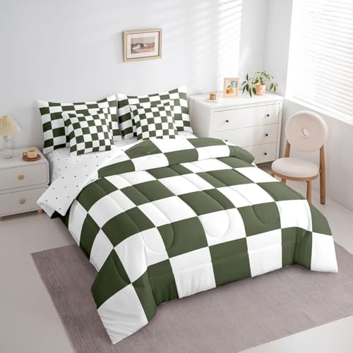 jejeloiu Green and White Comforter Set with Sheets 7 Piece Twin Size