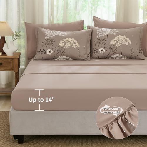 Yiran King Comforter Size Set, 7 Piece Brown Dandelion Floral Bed in a Bag