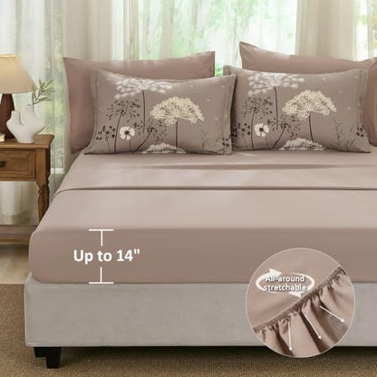Yiran King Comforter Size Set, 7 Piece Brown Dandelion Floral Bed in a Bag