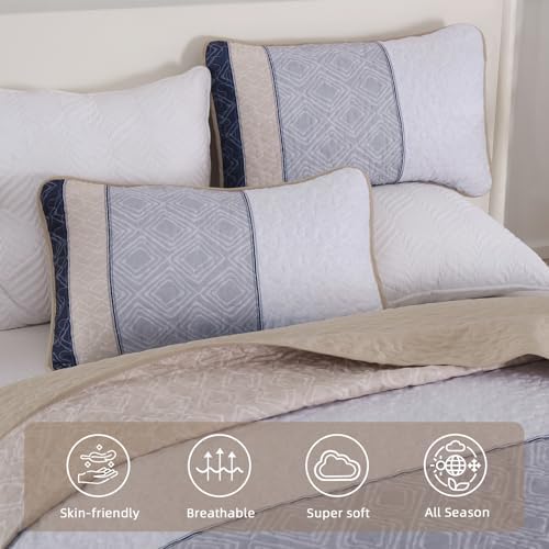 Cottolester Quilt Set Queen,3 Pcs Khaki Navy Blue Striped Plaid Bedspread