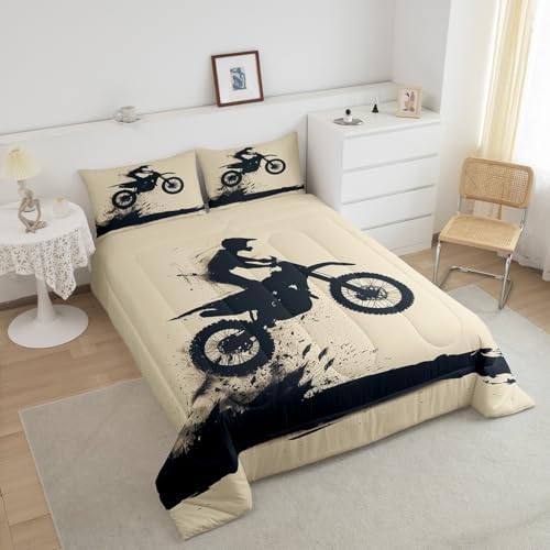 Feelyou Cool Motocross Comforter Set Toddler Size Dirt Bike Bedding Set Ultra Soft Motorcycle Racer Comforter for Kids Boys Girls Motorcycle Duvet Quilt Bedroom Decor Motorbike Quilt