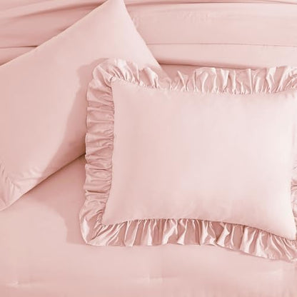 California King Comforter Set Soft Pink Ruffle 7 Pieces Bed in a Bag