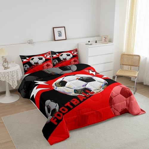 Erosebridal Boys Football Comforter Set Full Size Kids Girls Football Bedding Set Bedroom Decor,Soccer Sports Comforter Sets for Boys Teen Ball Games Bed Quilt Set 3Pcs,Red Black