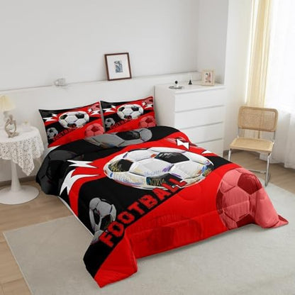 Erosebridal Football Twin Bedding Sets for Boys Girls Kids Football Comforter Set Bedroom Decor,Soccer Sports Comforter Sets for Boys Teen Ball Games Bed Quilt Set 2Pcs,Red Black