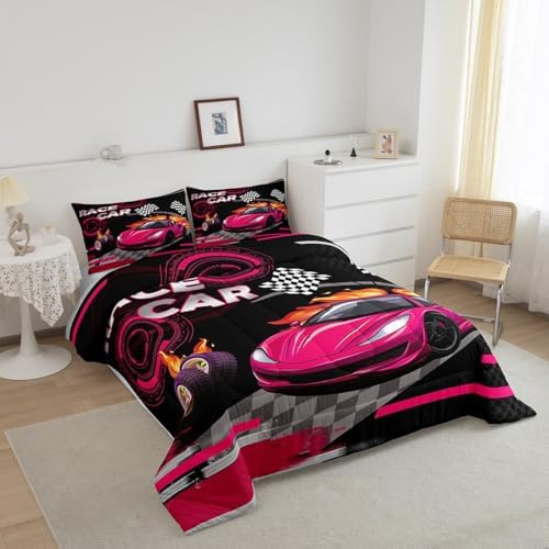 Feelyou Kids Rose Pink Race car Comforter Set Twin Size Speed Sports Car Bedding Set Boys Girls Automobile Racing Car Quilt Set Extreme Sports Theme Bed Set