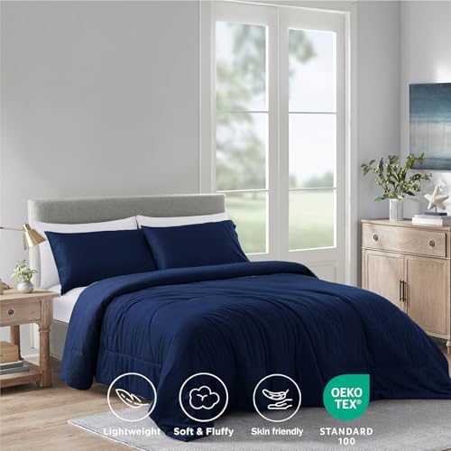 Zaizaihome Bamboo Viscose Comforter Set King Size 3 Pieces - Navy Blue