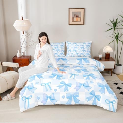 jejeloiu Watercolor Bow Comforter Set Queen Size Blue Bow Bedding Set for Kids Boys Girls Dreamy Princess Style Duvet Quilt Bedroom Decor Microfiber 3 Pcs with 2 Pillow Cases
