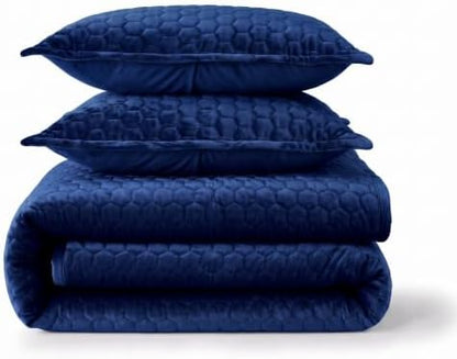 Tribeca Living Velvet King Quilt Set - Three-Piece Honeycomb Stitch Bedding, Super Soft 260GSM Velvet, Oversized Quilt and Two Sham Pillowcases, Navy Blue