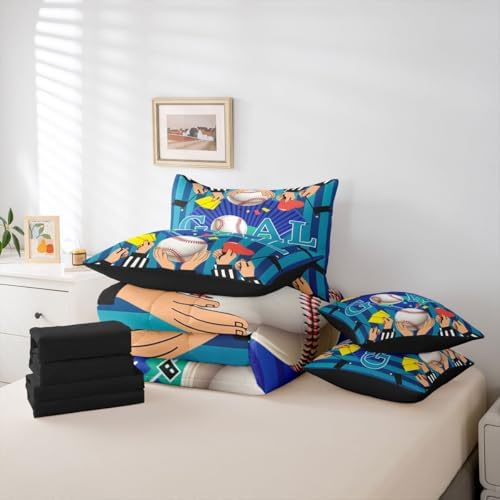 Erosebridal Boys Baseball Gaming Pattern Navy Blue Boys Kids 7 Piece Bedding Set Twin | Playground Comforter Set with Sheets Ball Games Sports Theme Bed in A Bag Stripes Geometric Bed Sets