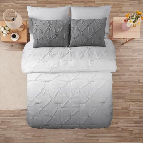 7 Piece Comforter Set Bed in a Bag Ombre Pintuck Design All Season Soft Down Alternative Bedding Comforter Set & Luxurious Matching Bed Sheets & Pillow Shams, Ombre Pintuck Gray, Full