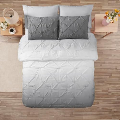 7 Piece Comforter Set Bed in a Bag Ombre Pintuck Design All Season Soft Down Alternative Bedding Comforter Set & Luxurious Matching Bed Sheets & Pillow Shams, Ombre Pintuck Gray, Full