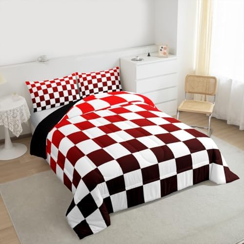 Feelyou Checkered Comforter Set Queen Size Modern Geometric Gradient Red Bedding Set for Kids Boys Girls Cute Neutral Plaid Duvet Quilt Vintage Aesthetic Bedroom Decor 3 Pcs with 2 Pillow Cases