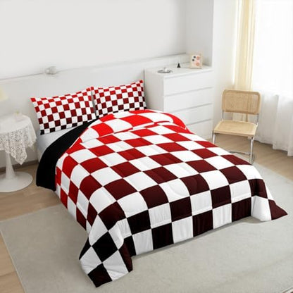 Feelyou Checkered Comforter Set Toddler Size Modern Geometric Gradient Red Bedding Set for Kids Boys Girls Cute Neutral Plaid Duvet Quilt Vintage Aesthetic Bedroom Decor 2 Pcs with 1 Pillow Cases