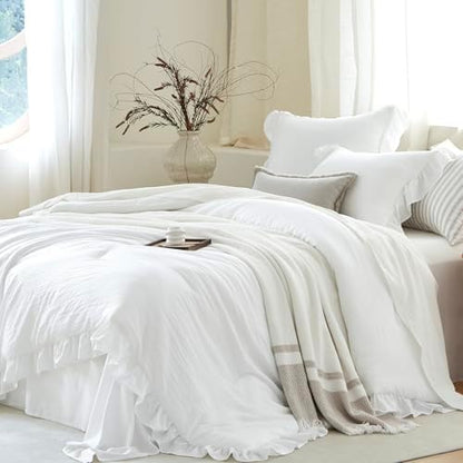 Pure White Ruffle 3 Pieces Comforter Queen Shabby Chic Bedding Set