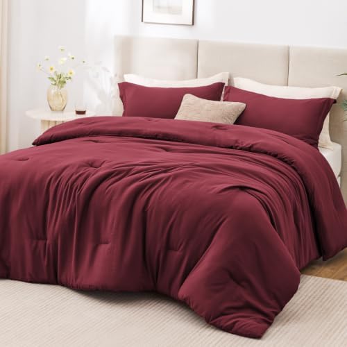 Love's cabin Burgundy Full Comforter Set, 3-Piece Prewashed Bed Set