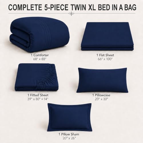 Twin XL Comforter Set with Sheets Navy Blue, 5 Pieces Bed in a Bag