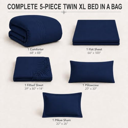 Twin XL Comforter Set with Sheets Navy Blue, 5 Pieces Bed in a Bag