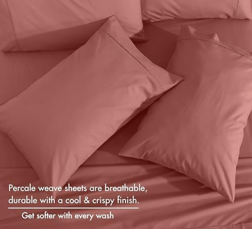 RUVANTI 100% Cotton Split King Sheets, Percale Sheets Set, Terracotta