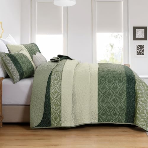 Cottolester Sage Green Quilt Set Queen,3 Pcs Summer Striped Bedspread Set