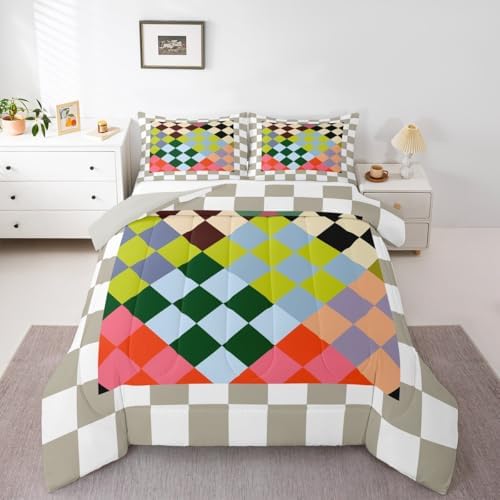 Checkered Geometric Comforter Set Toddler Size Green Red Beige Brown Plaid Bedding Set for Kids Boys Girls Checkerboard Modern Aesthetic Duvet Quilt Reversible Grey Decor 2 Pcs with 1 Pillow Cases