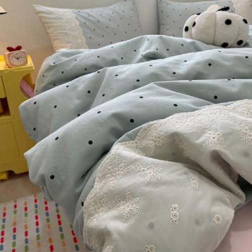 LifeTB Lace Comforter Set Full Size Cute Black Dots Bedding Set Lightweight Soft Girls Princess Style Comforter with 2 Pillowcases Romantic Lace Design Chic Polka Dots Comforter Set for All Seasons