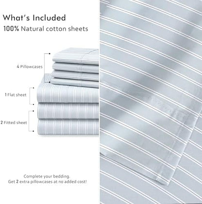 RUVANTI 100% Cotton Split King Sheets, Percale Sheets Set, Horizon Stripes
