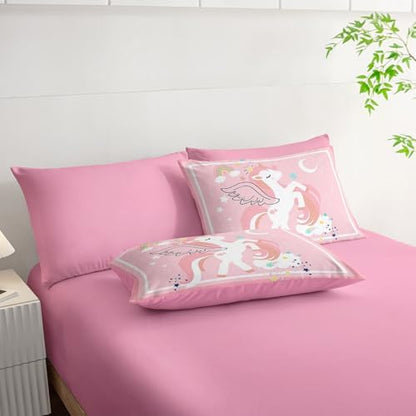 7Pcs Comforter Set Cartoon Pink Unicorn Printed Bedding Set with 1 Comforter,1 Flat Sheet,1 Fitted Sheet and 4 Pillowcases for Boys and Girls Bedroom All Season(Full)