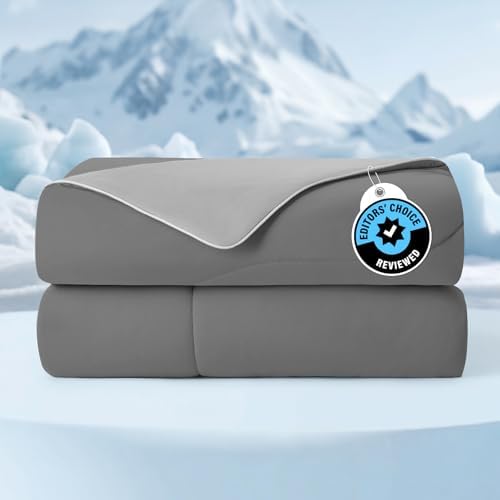 Cozy Bliss Cooling Comforter Queen Size, Cooling Blankets for Hot Sleepers and Night Sweats, Dark Light Gray Summer Comforter for Queen Size Bed, Breathable Soft Lightweight Silk Smooth