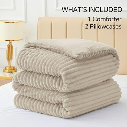 BEDELITE Fleece Oversized Queen Comforter Set, Fluffy Bed Set, Linen