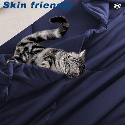Cooling Comforter Queen Size, Double-Sided Cold Tech Fabric Quilted Bed Comforters Cooling Blanket for Hot Sleepers, Breathable Lightweight Summer Bedding, All-Season Ice Blanket, Navy Blue