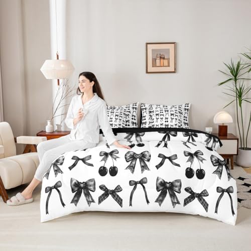 Erosebridal Cherry Bow Twin Comforter Set with Sheets, Black and White Bow Tie 7-Piece Bedding Set Silk Ribbon Bowknot Bed in a Bag, Dreamy Princess Room Decor,Girly Cute Room Decor Aesthetic Kawaii