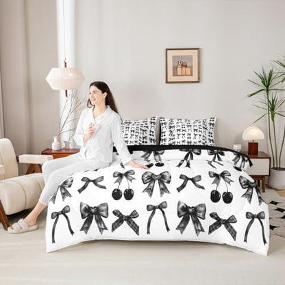 Erosebridal Cherry Bow Twin Comforter Set with Sheets, Black and White Bow Tie 7-Piece Bedding Set Silk Ribbon Bowknot Bed in a Bag, Dreamy Princess Room Decor,Girly Cute Room Decor Aesthetic Kawaii