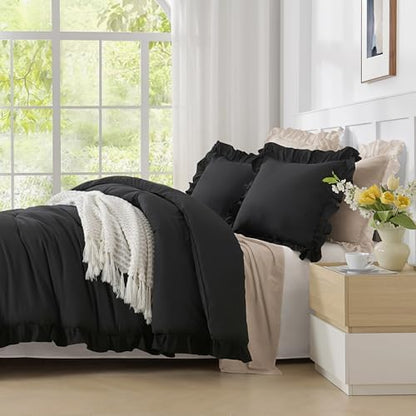Andency Oversized King Comforter Set,3 Pieces Black Ruffle Bedding Set