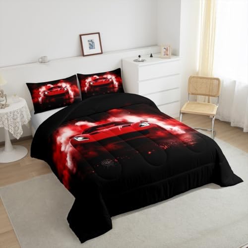 Sports Car Comforter Red Race Car Bedding Sets for Kids Boys Girls Extreme Sports Theme Comforter Set Cool Speed Luxury Cars Decor Quilt Set with 2 Pillowcases 3Pcs Bedding King Size,Black and Red