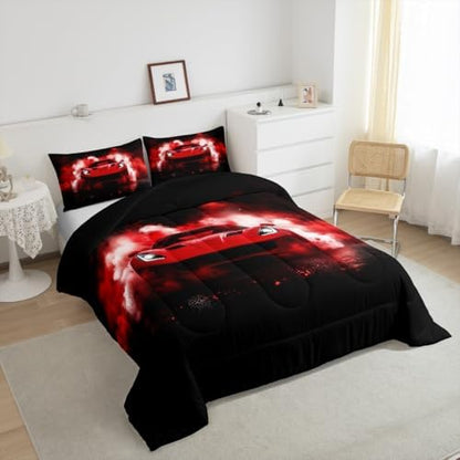 Erosebridal Red Race Car Bedding Set for Toddler Kids,Racing Car Queen Size Comforter Set for Boys,Cool Speed Sports Cars Bed Sets,Racing Games Cars Room Decor,Soft Breathable,Black Red