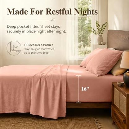 MEISHANG 100% French Linen Sheets King,4 Pcs,16" Deep Pocket