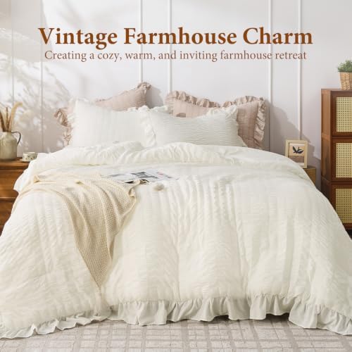 JOLLYVOGUE Cream King Comforter Set,3pcs Seersucker Comforters King Size