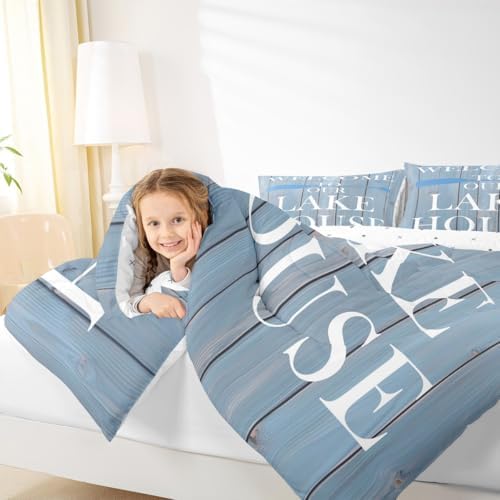 Lake House Comforter Set Toddler Size, Cabin Rustic Farmhouse Style Bedding Set 2pcs, Blue Wooden Plank Lake Themed Down Comforter for All Season, Kids Boys Girls Room Decor, 1 Pillowcase, No Sheets