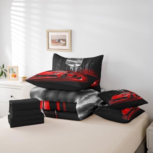 Feelyou Red Race Car Comforter Set with Sheets Twin Size Kids Speed Sports Car 7 Pieces Bedding Set for Boys Girls Teens Racing Car Bed in a Bag Extreme Sports Street Bed Set Gothic Modern City