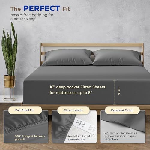 THREAD SPREAD Egyptian Cotton Sheets Queen Size - 1000 Series High Thread Count Cotton Queen Sheet Set (6 PC, Dark Grey), 16" Snug Fit Deep Pocket, Cooling, Sateen Weave Ultra-Soft Hotel Luxury Sheets