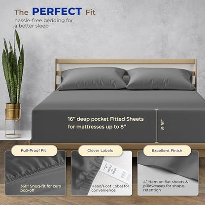 THREAD SPREAD Egyptian Cotton Sheets Queen Size - 1000 Series High Thread Count Cotton Queen Sheet Set (6 PC, Dark Grey), 16" Snug Fit Deep Pocket, Cooling, Sateen Weave Ultra-Soft Hotel Luxury Sheets