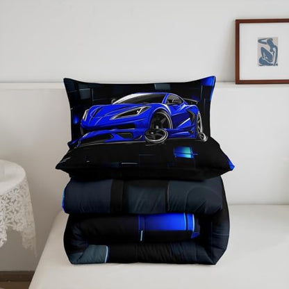 Erosebridal Race Car Twin Comforter Set for Boys Blue Sports Car Kids Bedding Set Cool Speed Race Car Down Comforter Extreme Sports Racing Competition Quilt 3D Geometric Duvet Insert